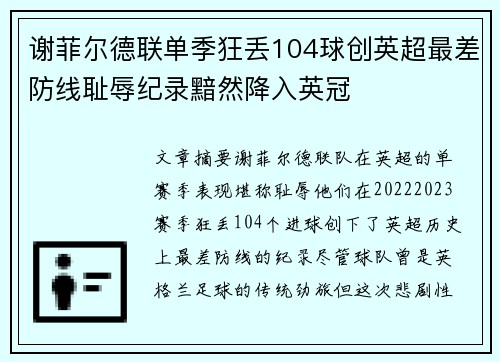 谢菲尔德联单季狂丢104球创英超最差防线耻辱纪录黯然降入英冠