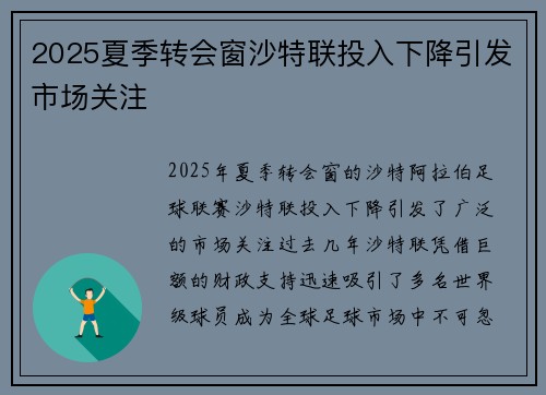 2025夏季转会窗沙特联投入下降引发市场关注